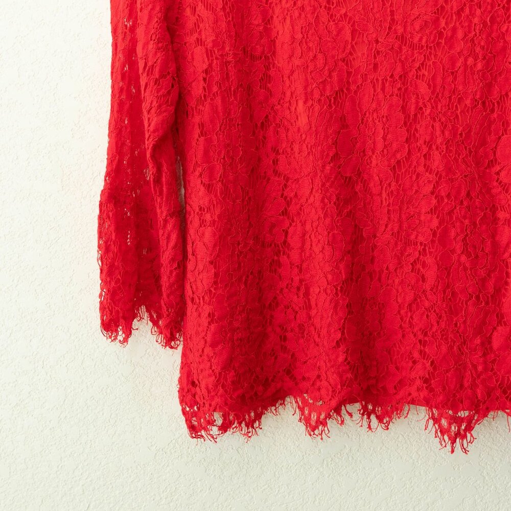 Zac & Rachel Red Lace Top Large V Neck Floral Lace Blouse Lined 3/4 Sleeve - Picture 5 of 13